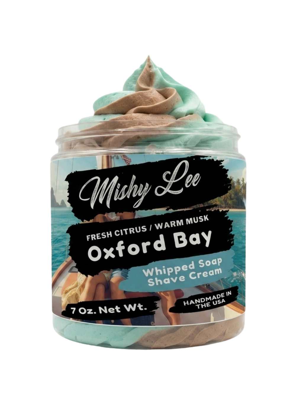 Whipped soap shave cream jar with teal and tan swirls; “Oxford Bay” label, 7 oz