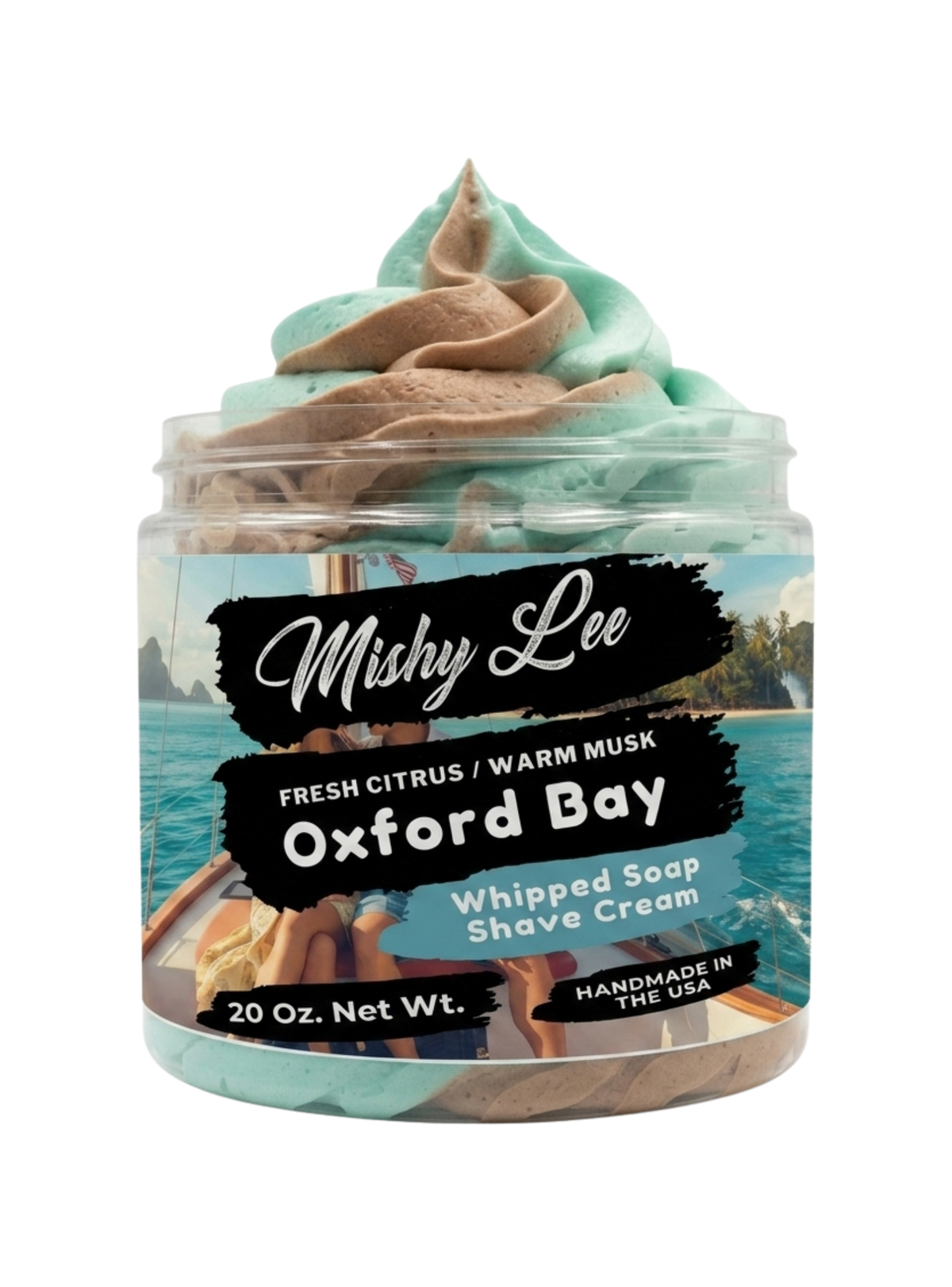 Whipped soap shave cream jar with teal and tan swirls, “Oxford Bay” label, 20 oz