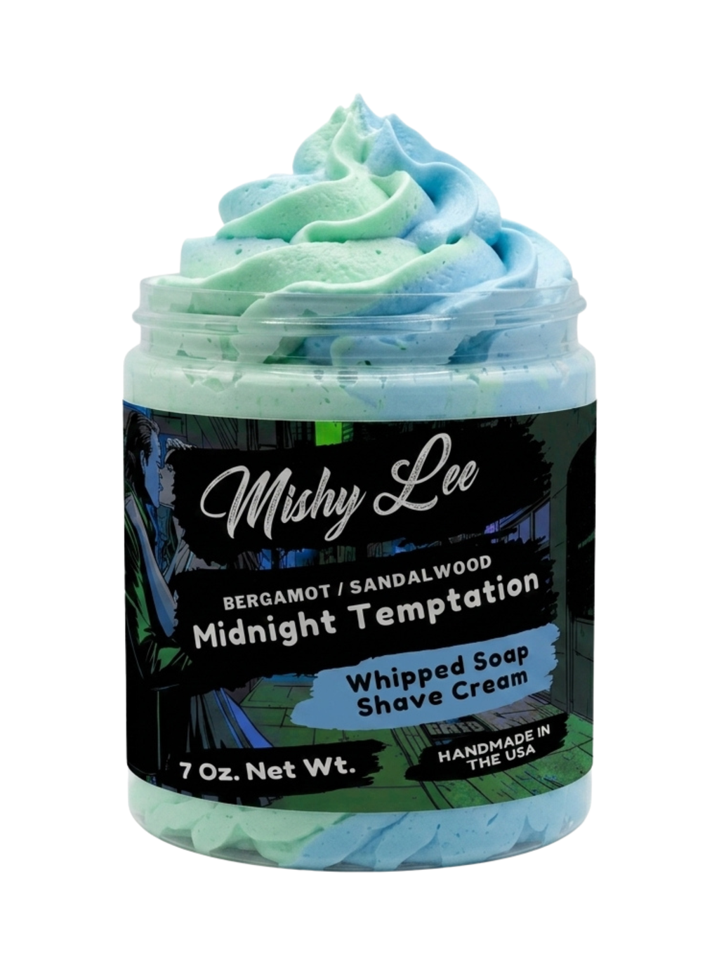 Mishy Lee whipped shave cream jar labeled “Midnight Temptation”, mint and blue swirls