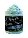 Mishy Lee whipped shave cream jar labeled “Midnight Temptation”, mint and blue swirls
