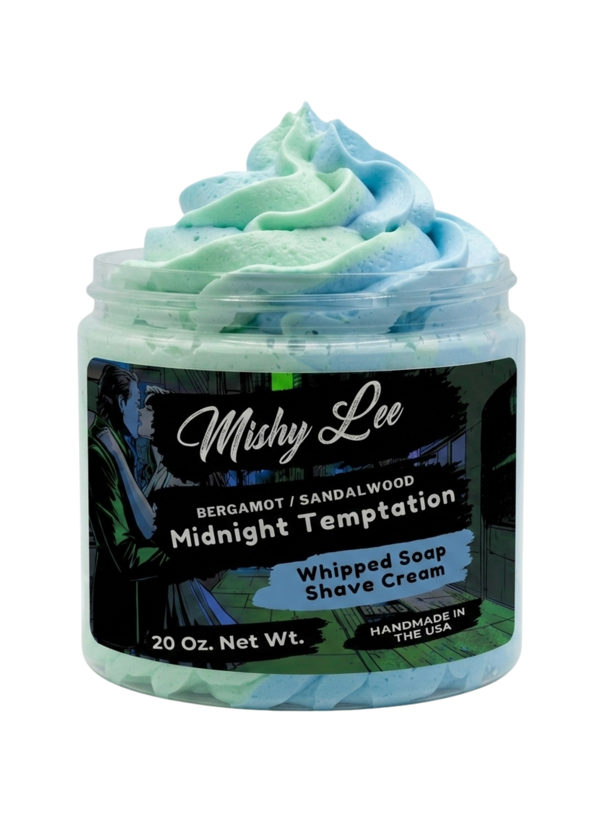 Mishy Lee whipped shave cream jar, mint and blue whipped texture, “Midnight Temptation”