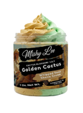 Whipped soap and shave cream jar with gold and green swirl top and label