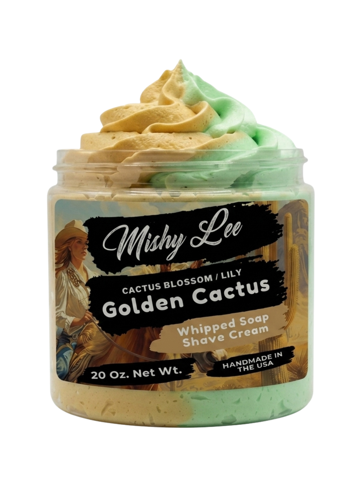 Whipped soap and shave cream jar with gold-and-green swirl topping, 20 oz size label