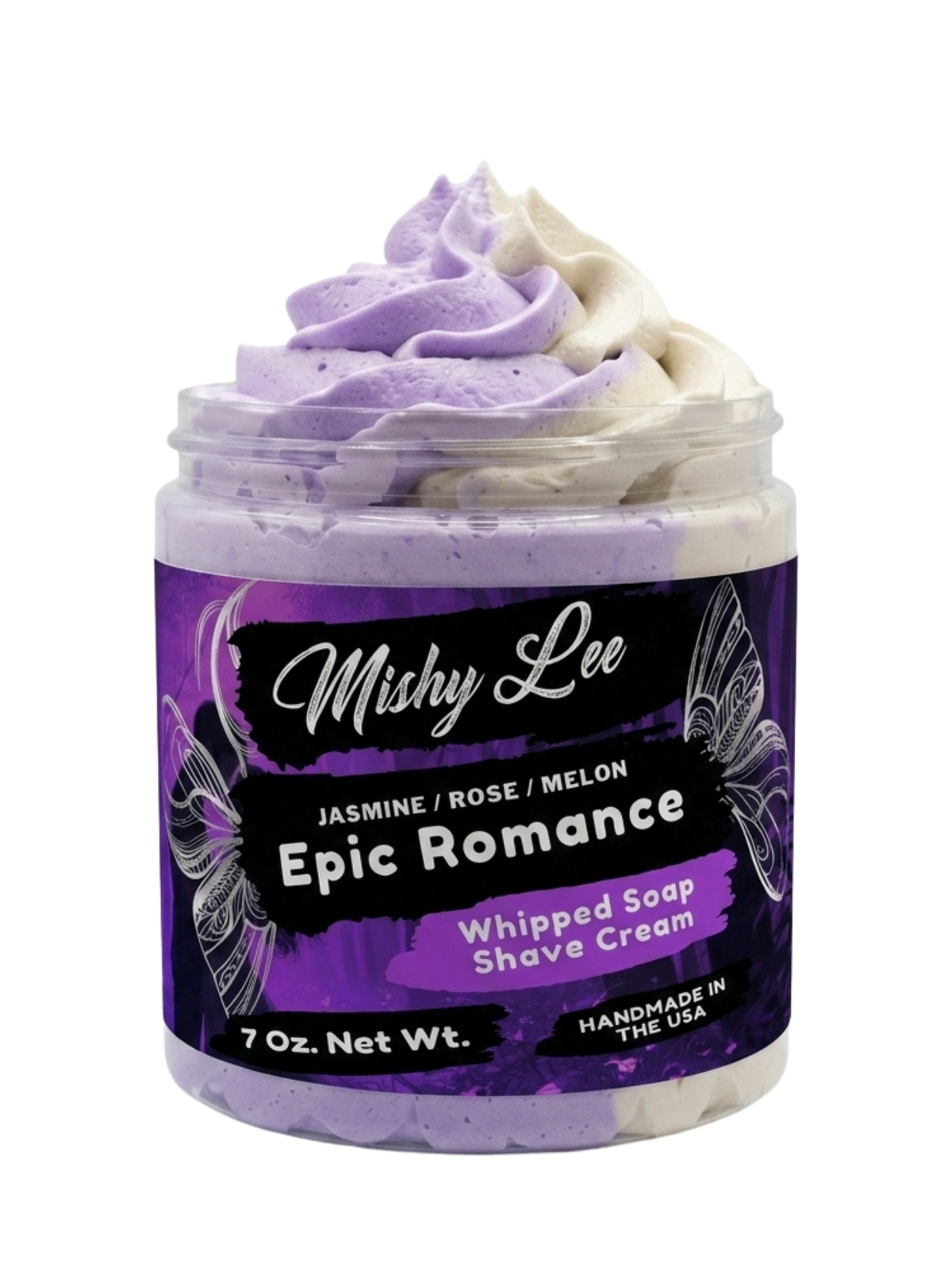 Whipped soap and shave cream jar with purple and cream swirl top, purple label