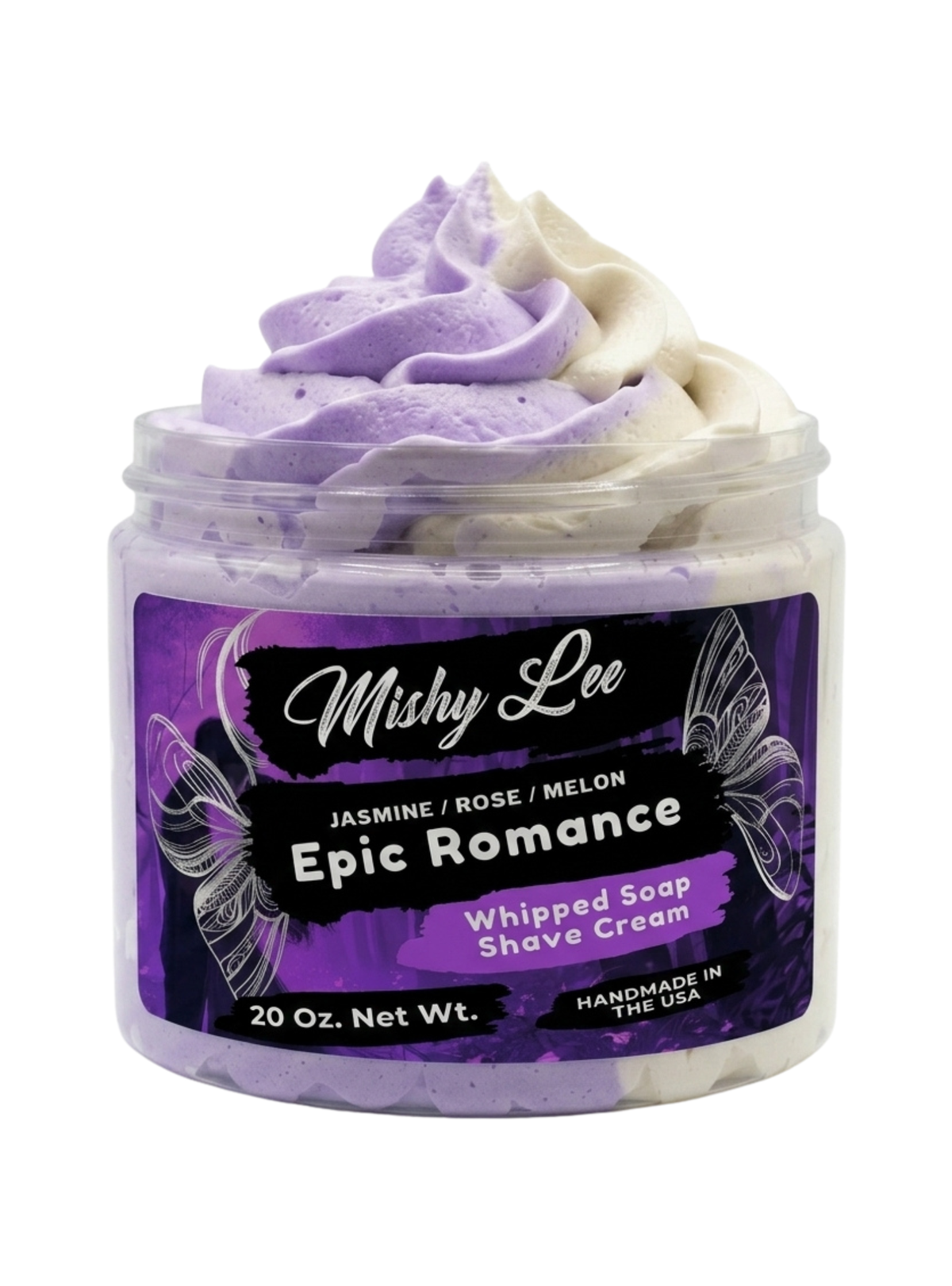 Whipped soap and shave cream jar with purple-cream swirl top, 20 oz label
