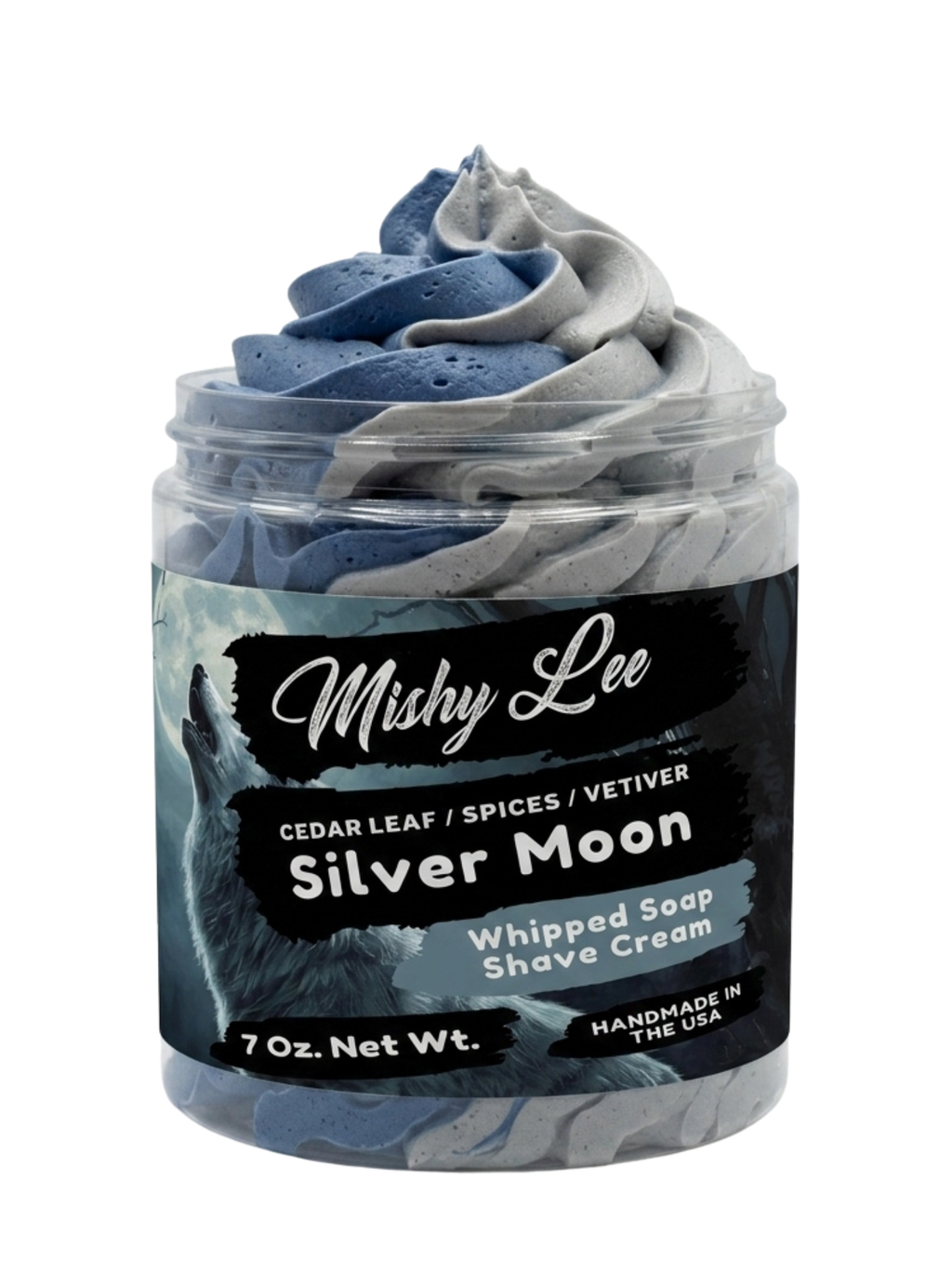 Mushy Lee Silver Moon whipped soap and shave cream in clear-lid plastic jar