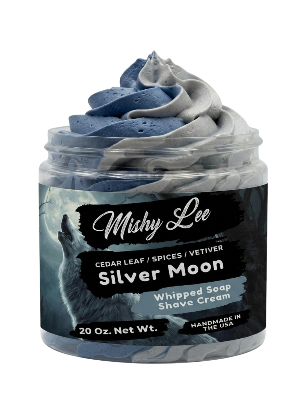 Large Mushy Lee Silver Moon whipped soap and shave cream jar with blue swirls