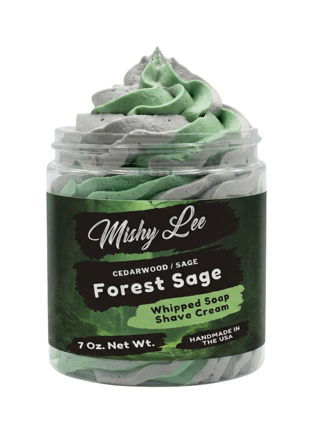 Forest Sage whipped soap and shave cream jar with stacked green foam swirls