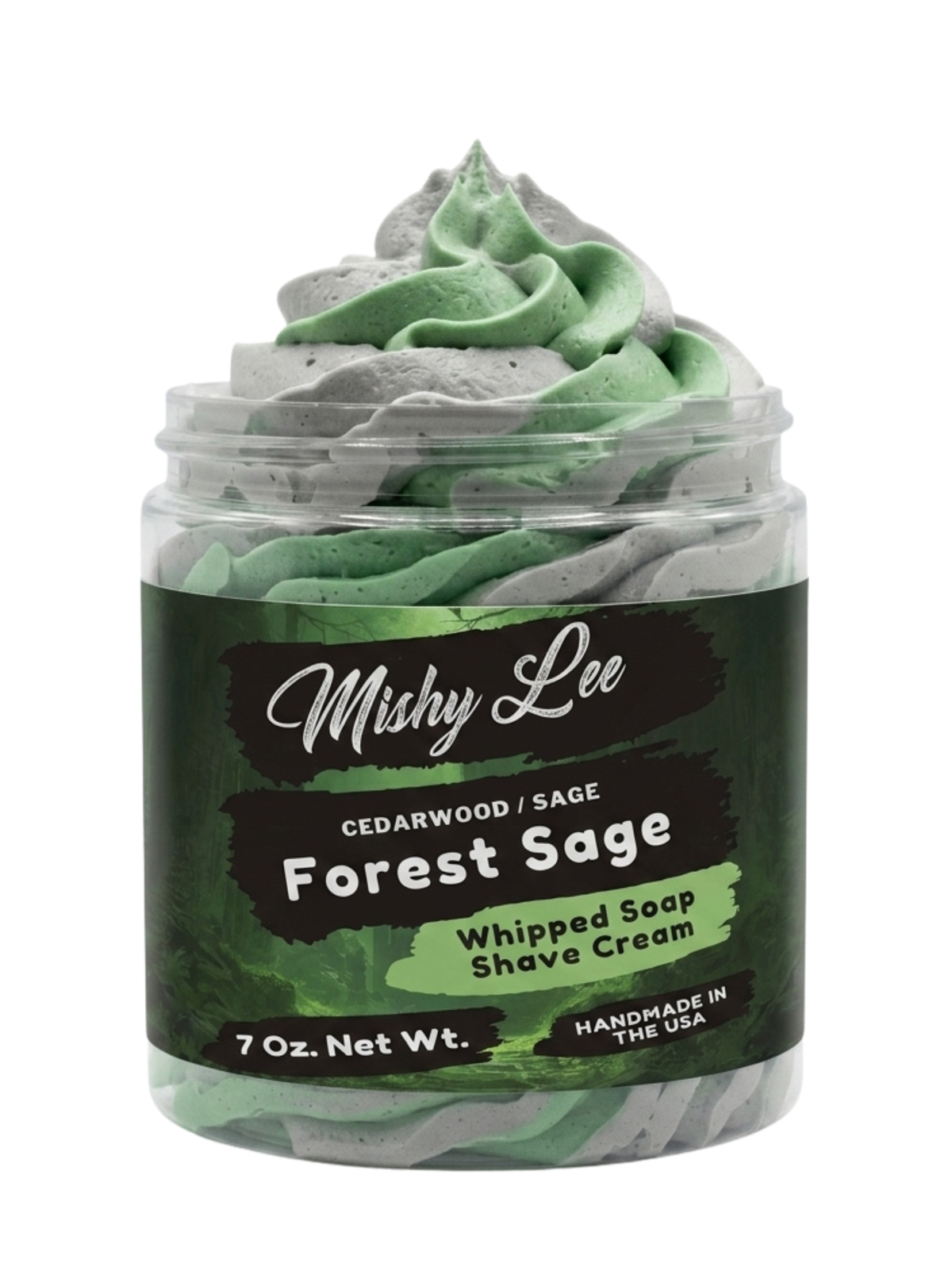 Forest Sage whipped soap and shave cream jar with stacked green foam swirls
