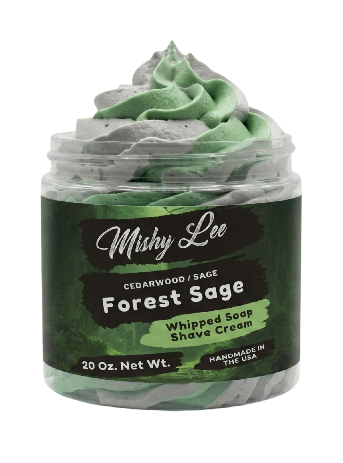 Whipped soap and shave cream jar with green foam swirls, Forest Sage scent, 20 oz