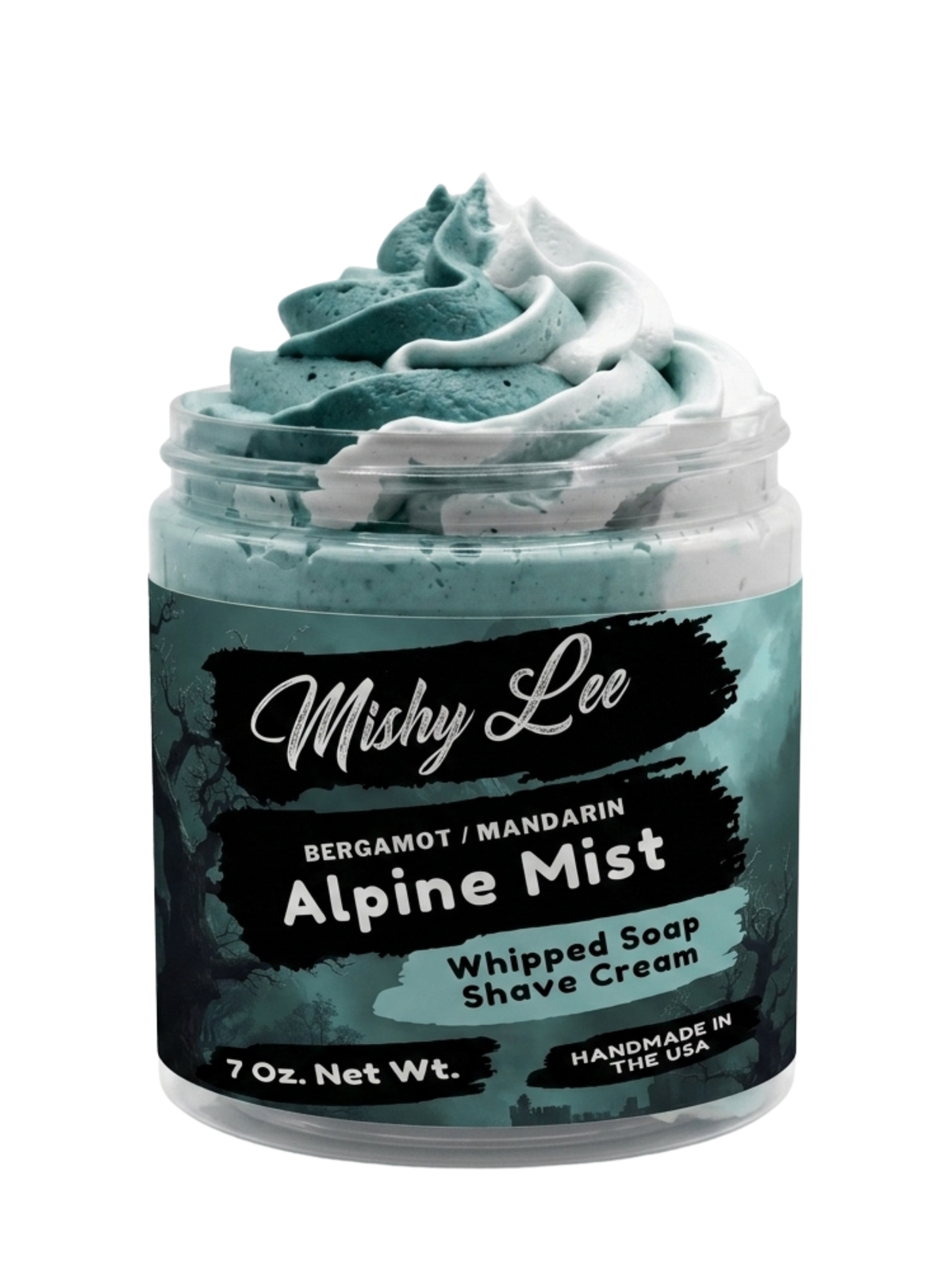 Men’s whipped soap and shave cream jar, turquoise whipped cream top, readable label.