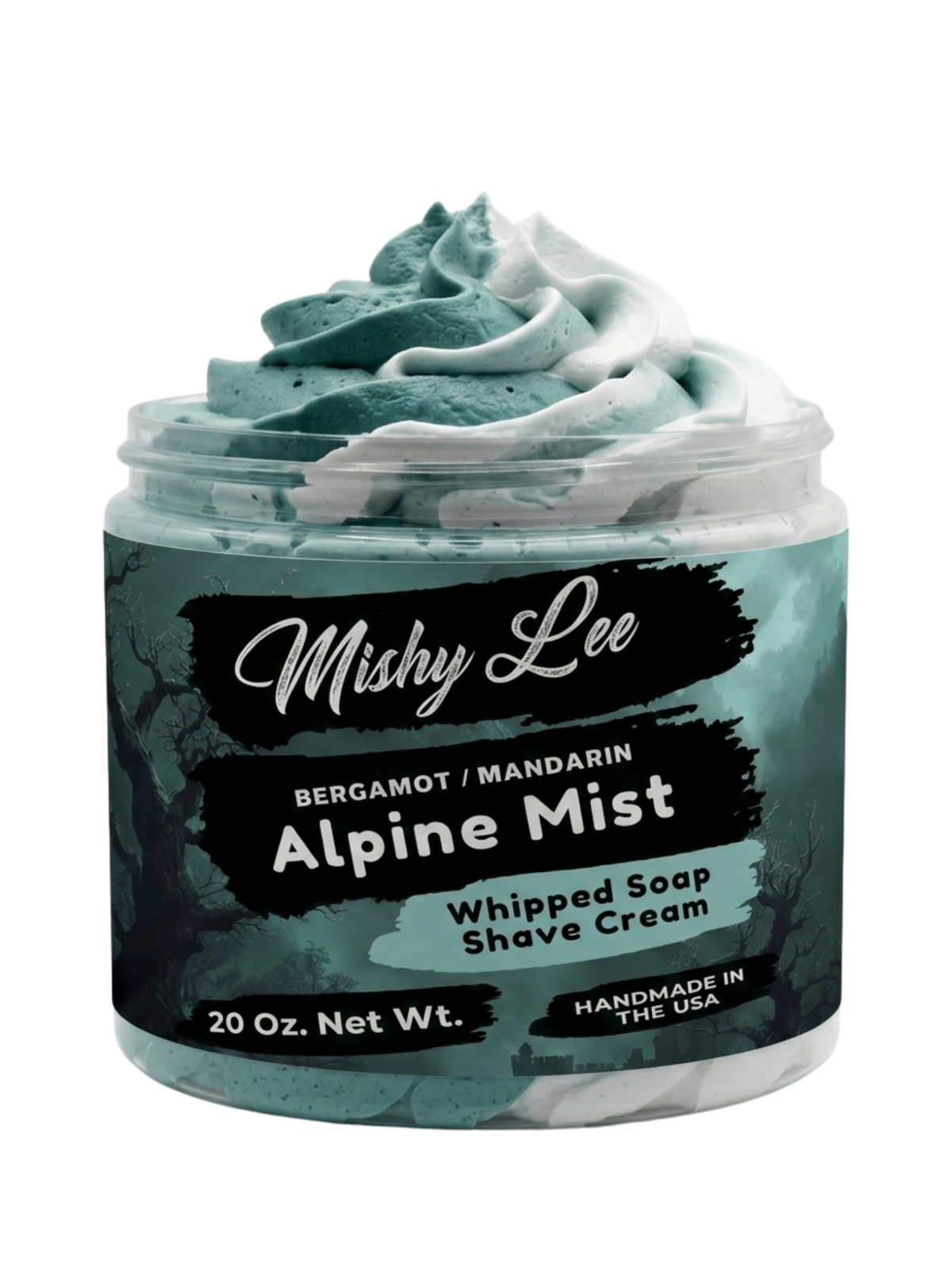Men’s whipped soap and shave cream jar with turquoise whipped top and front label.