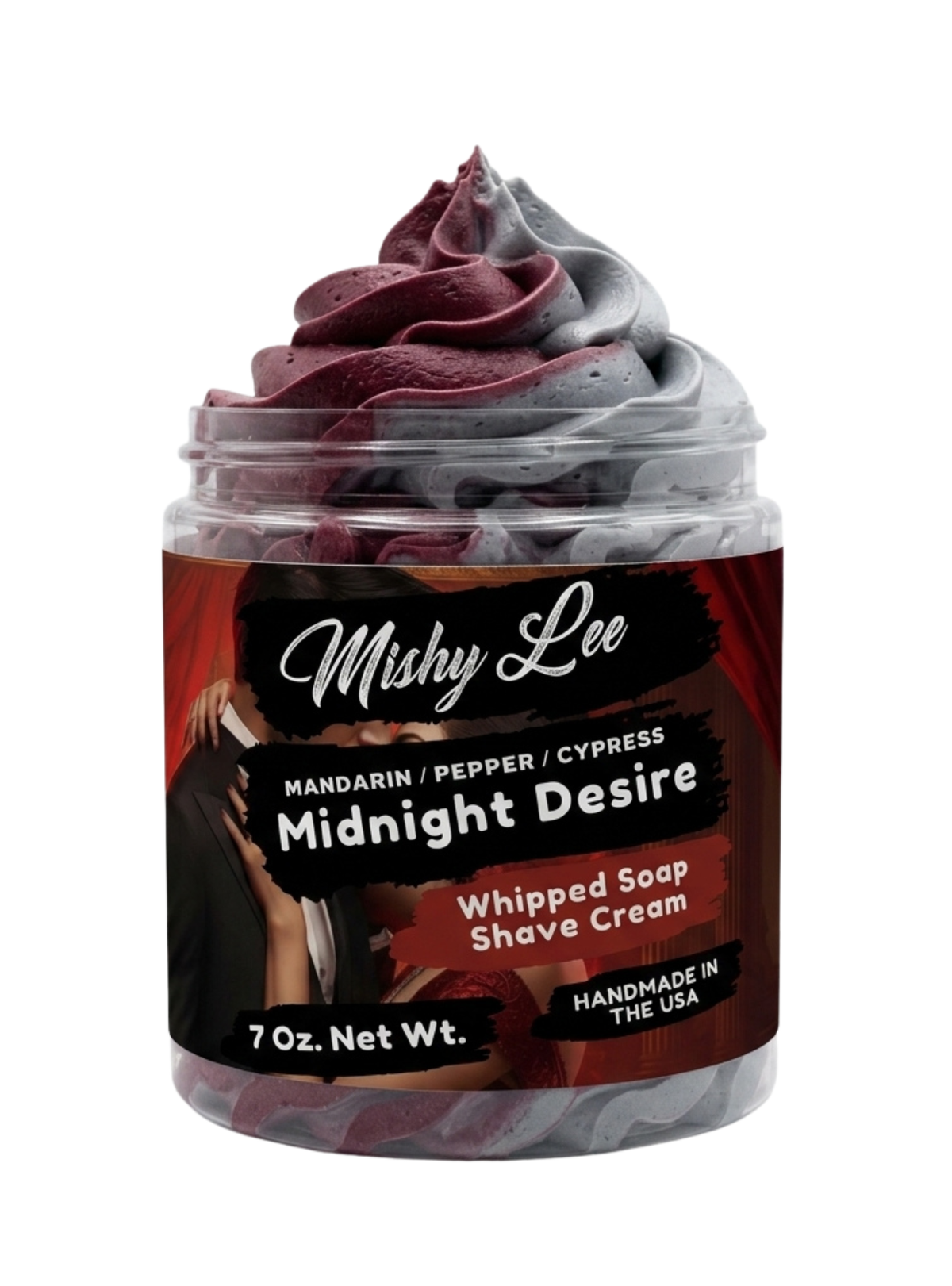 Close-up whipped shave cream jar with maroon and gray swirls, Midnight Desire label