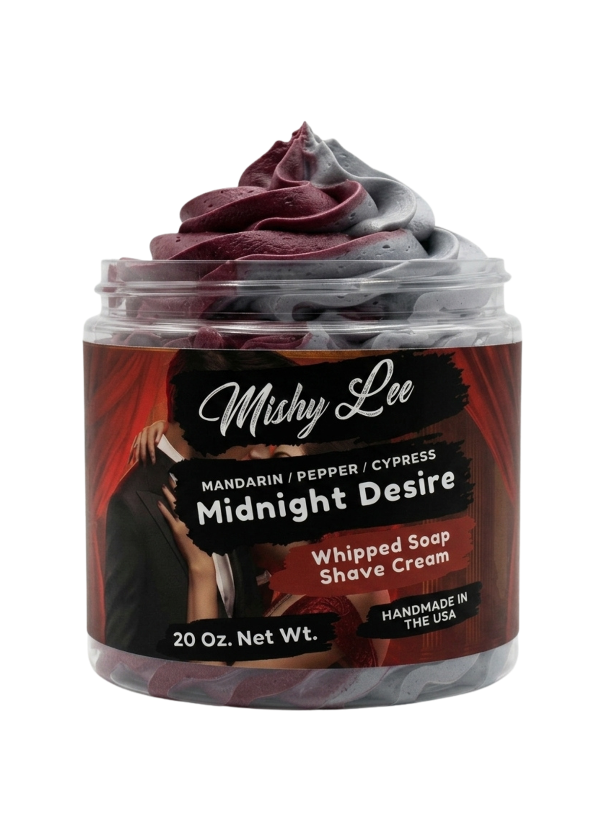 Whipped shave cream jar with maroon and gray swirls, 20 oz net wt