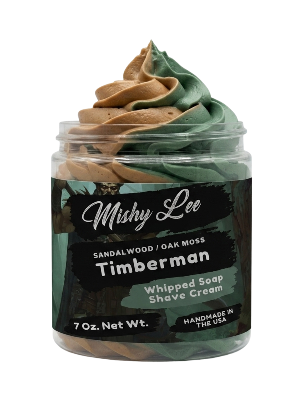 Men's whipped soap and shave cream jar with teal and tan whipped texture, front label