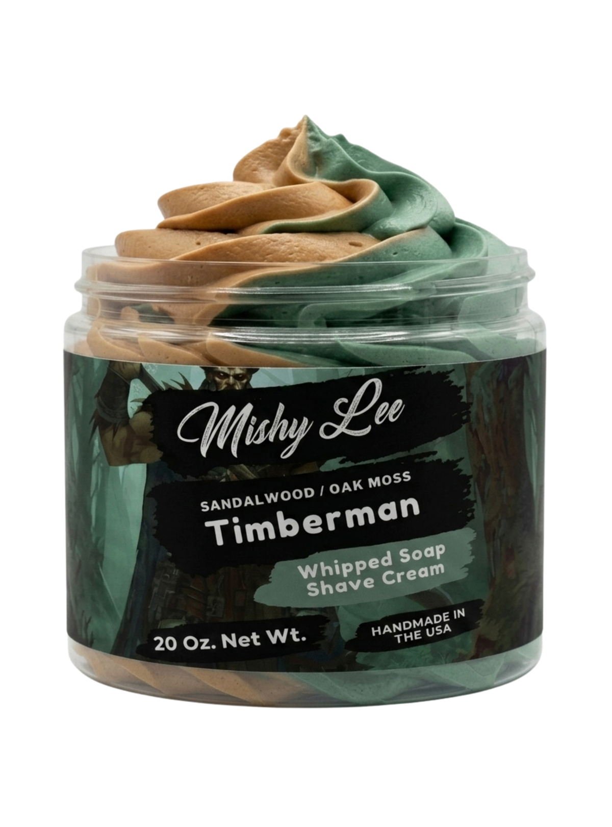 Men's Timberman whipped soap and shave cream jar with teal and tan whipped swirls