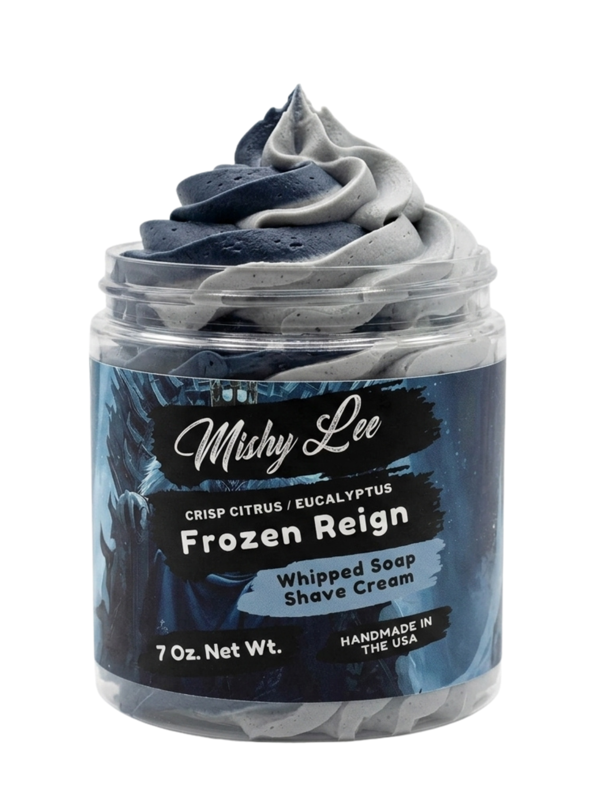 Whipped soap shave cream jar with navy swirl whipped soap in clear container