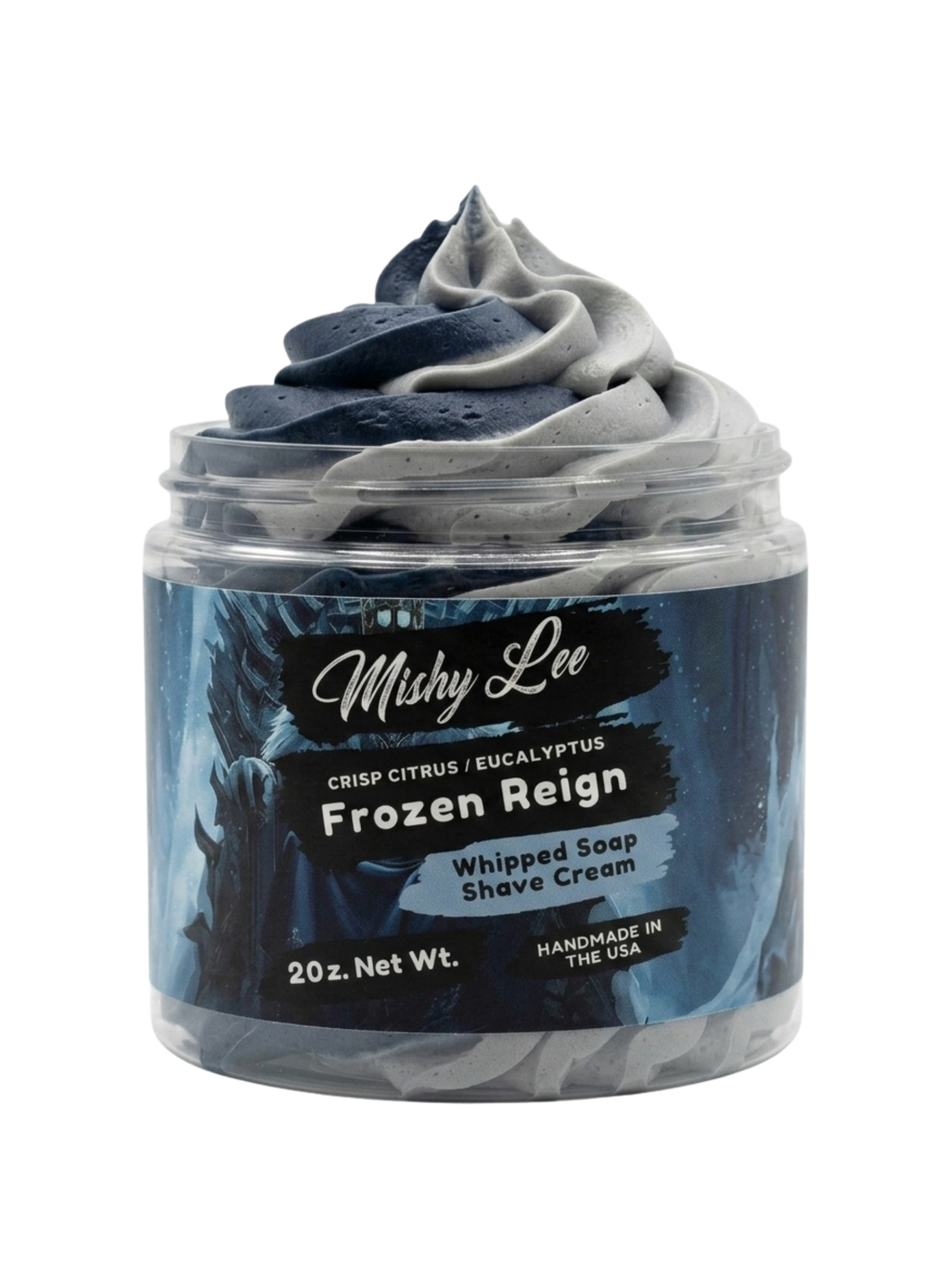 Whipped soap shave cream jar with navy label, whipped swirl, and clear lid