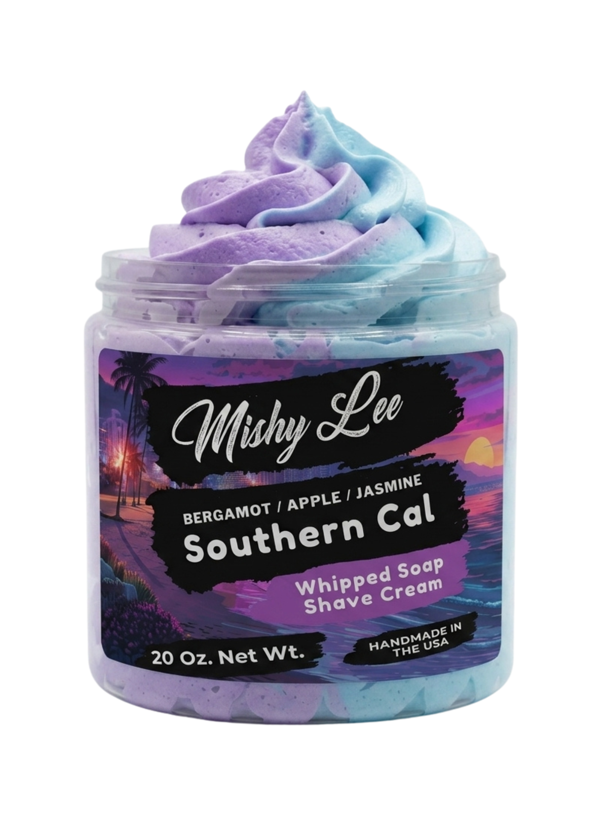 Southern Cal whipped soap and shave cream jar with purple and blue whipped swirl and label