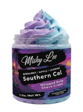 Southern Cal whipped soap and shave cream jar with purple and blue swirled top
