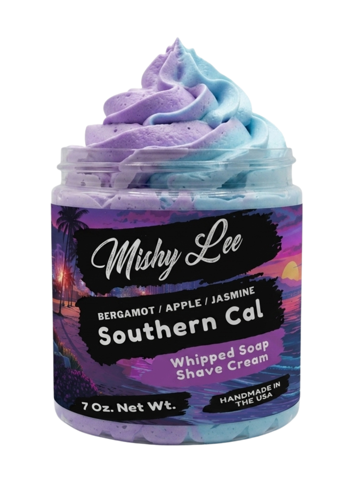 Southern Cal whipped soap and shave cream jar with purple and blue swirled top