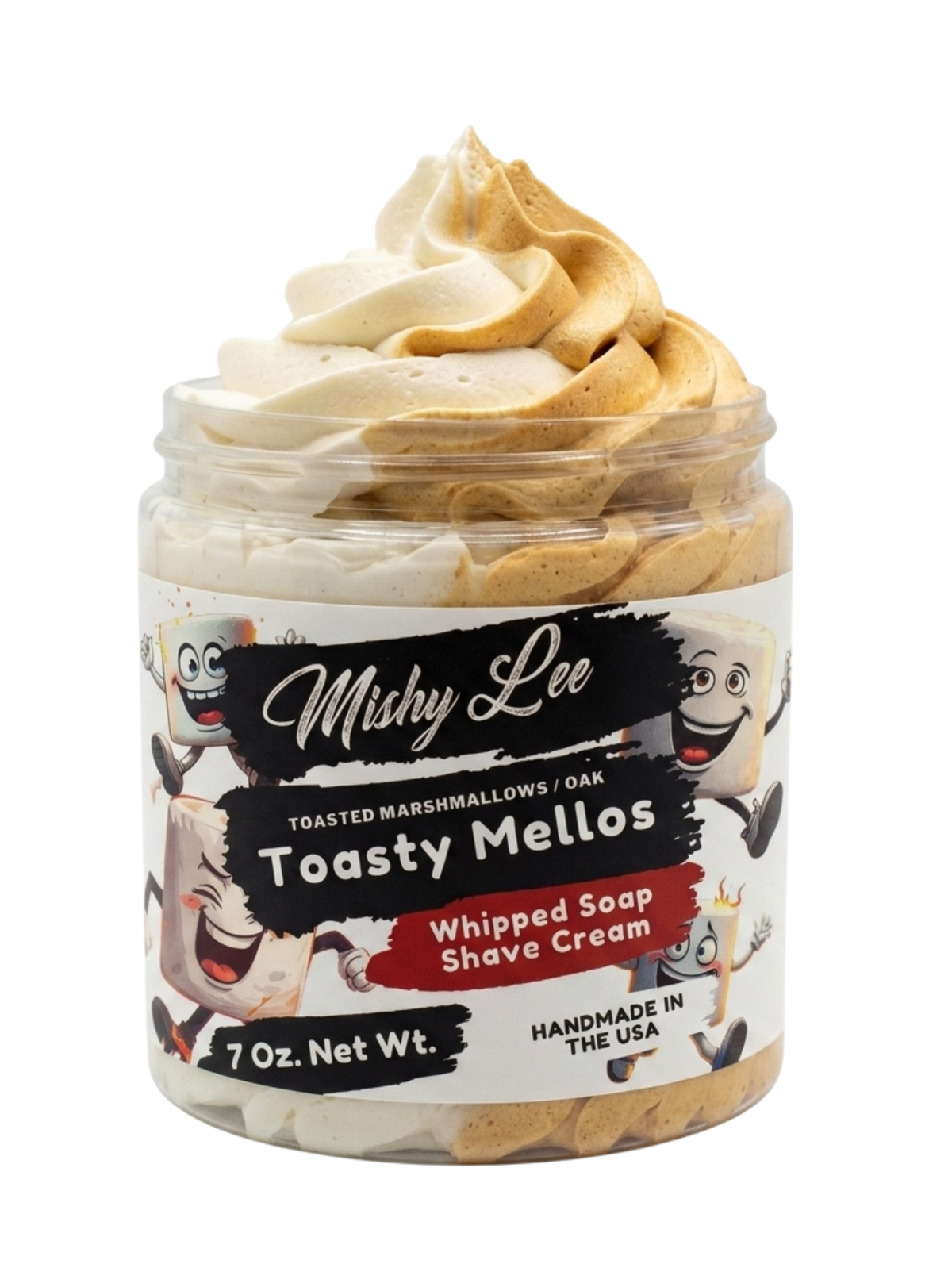 Jar of whipped soap and shave cream with cream and tan swirled topping
