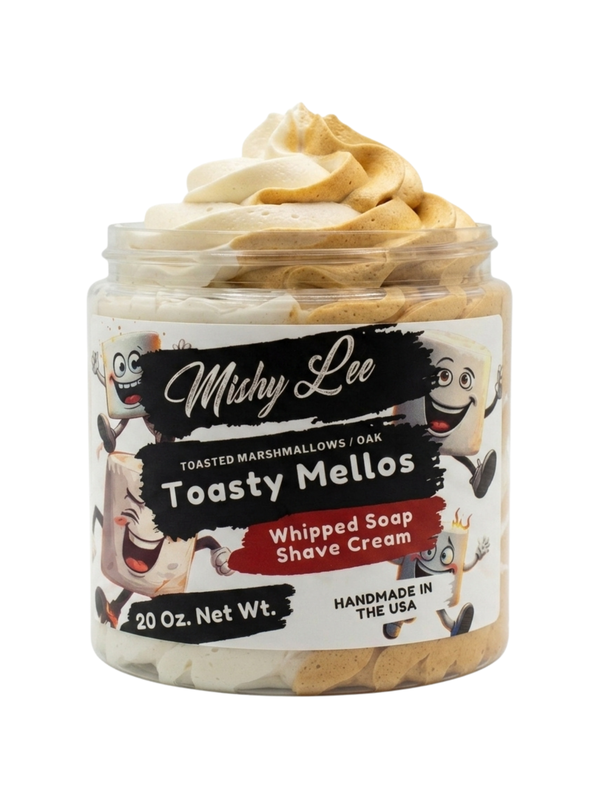 Whipped soap and shave cream jar with cream and tan swirled topping and label
