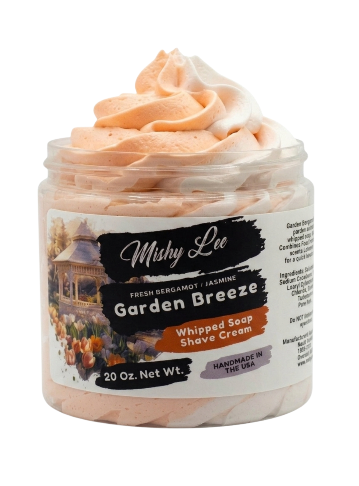Clear jar of whipped soap and shave cream with peach swirl, front label