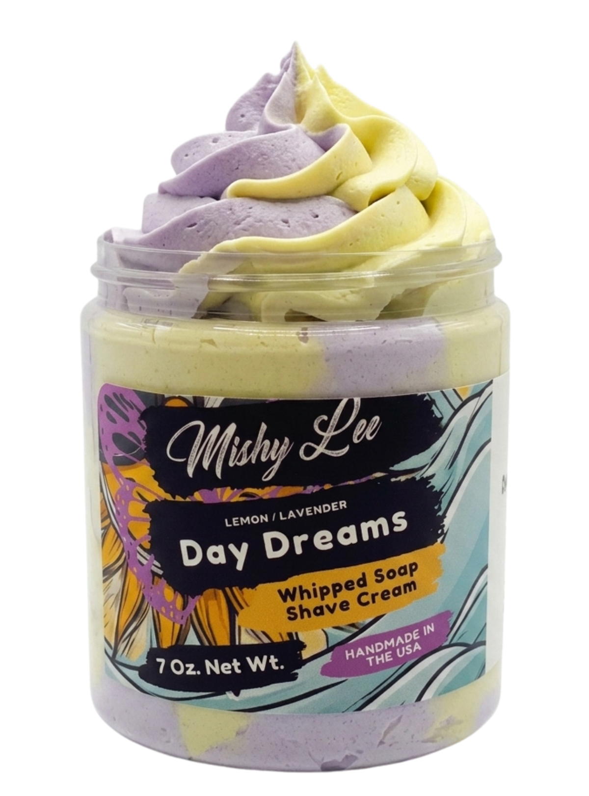 Day Dreams whipped soap and shave cream jar with purple and yellow swirl top