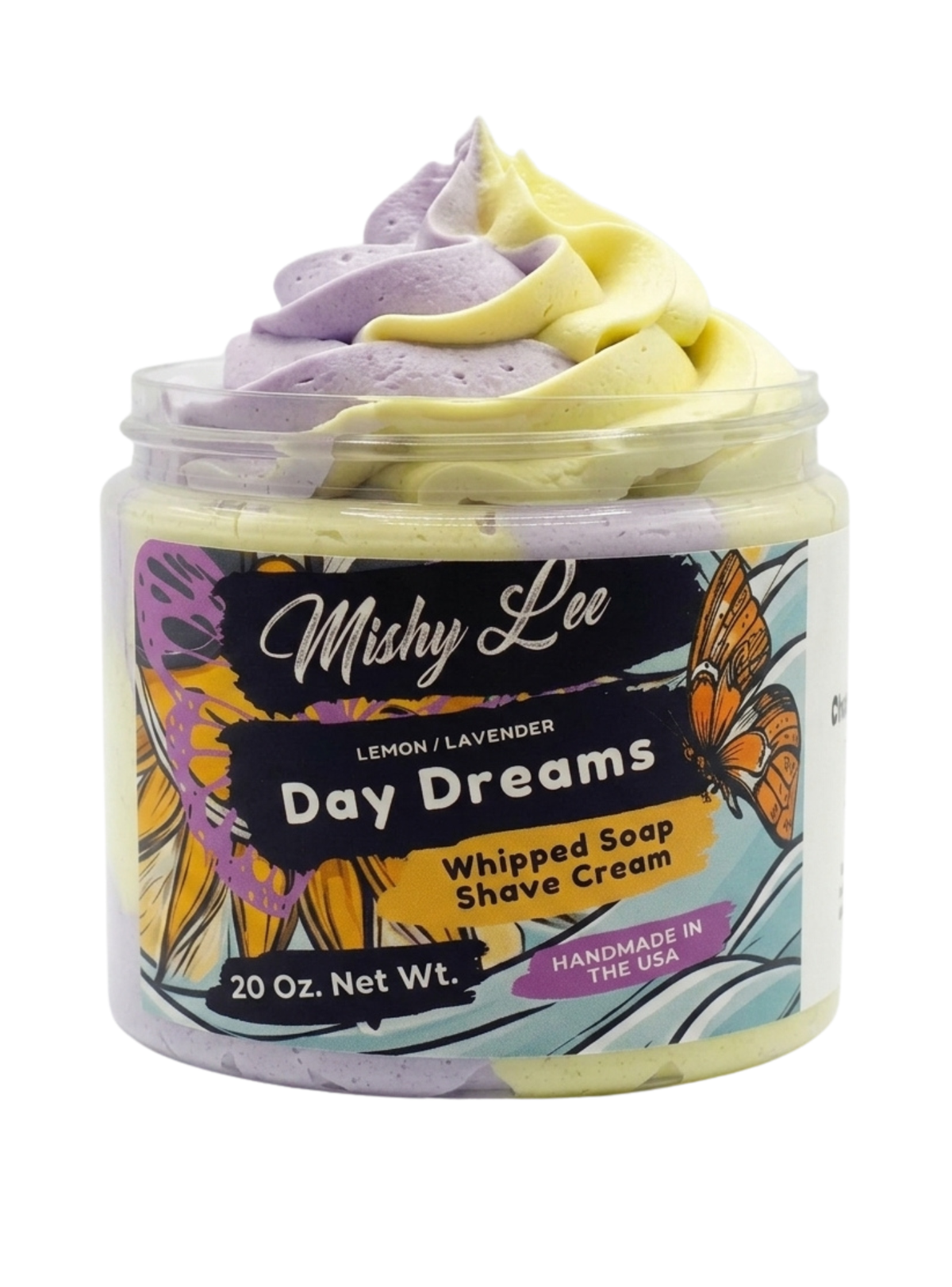 Day Dreams whipped soap and shave cream jar with purple and yellow swirl top, front label