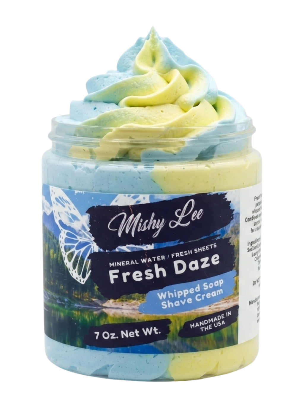 Whipped soap and shave cream jar with blue and yellow swirl topping, Mishy Lee label
