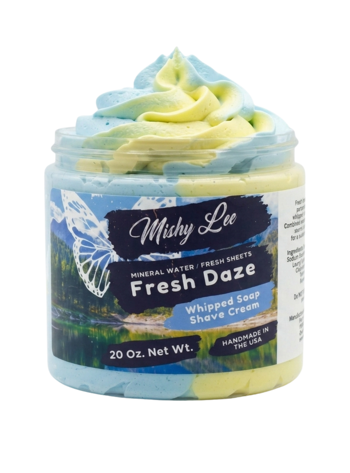 Whipped soap and shave cream jar with Fresh Daze branding and blue-yellow swirl topping