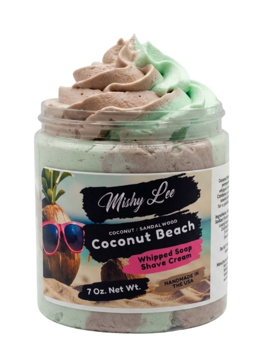 Whipped soap and shave cream jar with mint and brown swirl scoops