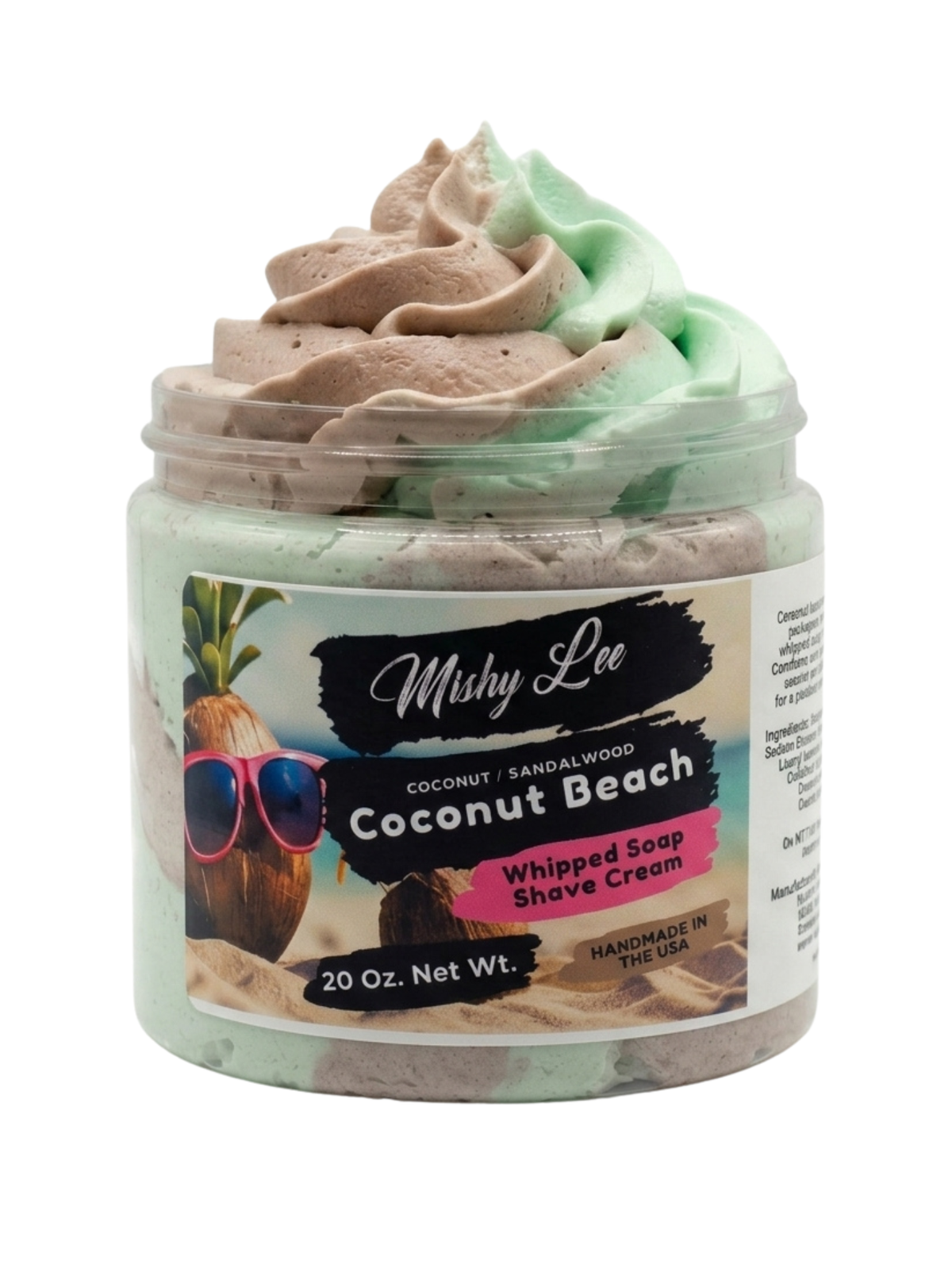 Whipped soap and shave cream jar with mint and brown swirl scoops and label