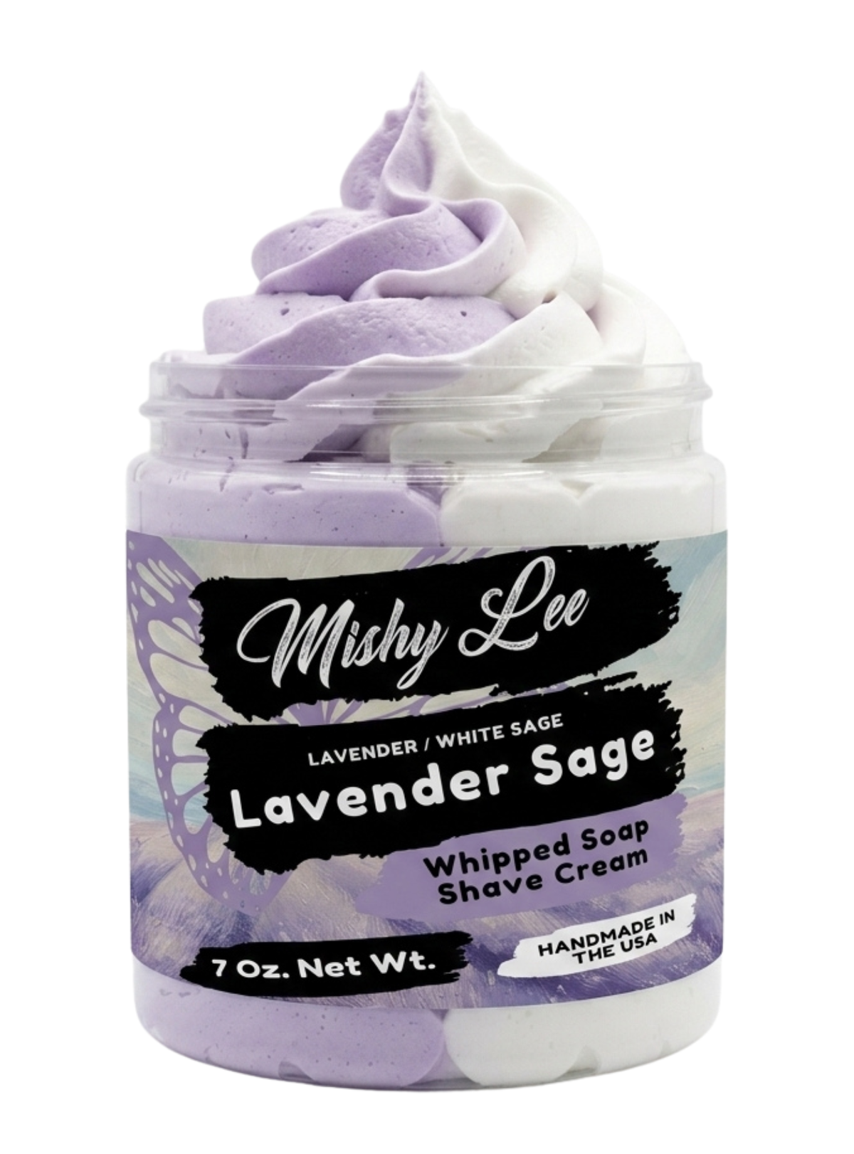 Lavender whipped soap and shave cream jar with purple-and-white swirl tops