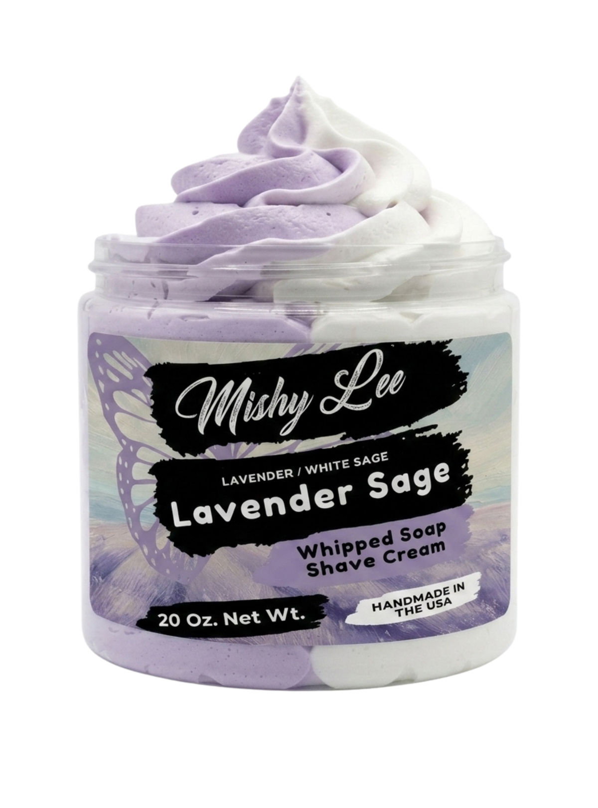 Lavender Sage whipped soap and shave cream jar with purple-and-white swirl