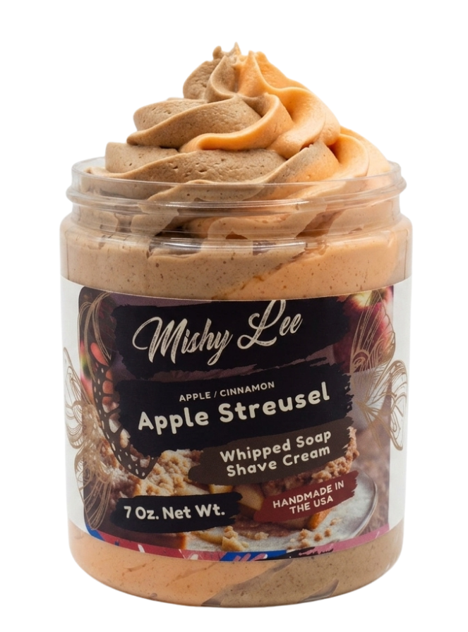 Whipped soap and shave cream jar with beige apple streusel swirl top