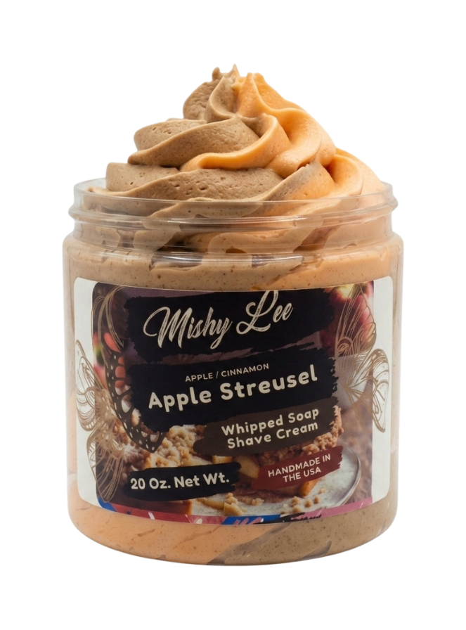 Whipped soap and shave cream jar with beige apple streusel swirl top, 20 oz net wt