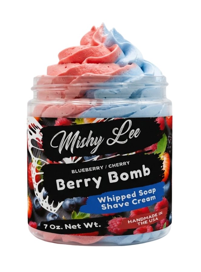 Whipped soap and shave cream jar with pink and blue berry swirls