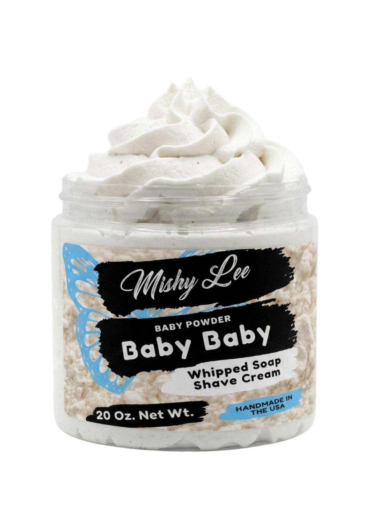 Baby whipped soap and shave cream jar, white whipped texture, Mishy Lee Baby Baby label