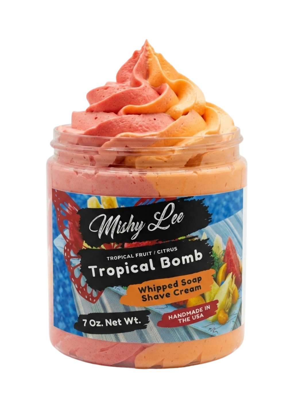 Tropical fruit whipped soap and shave cream jar with pink and orange swirl topping