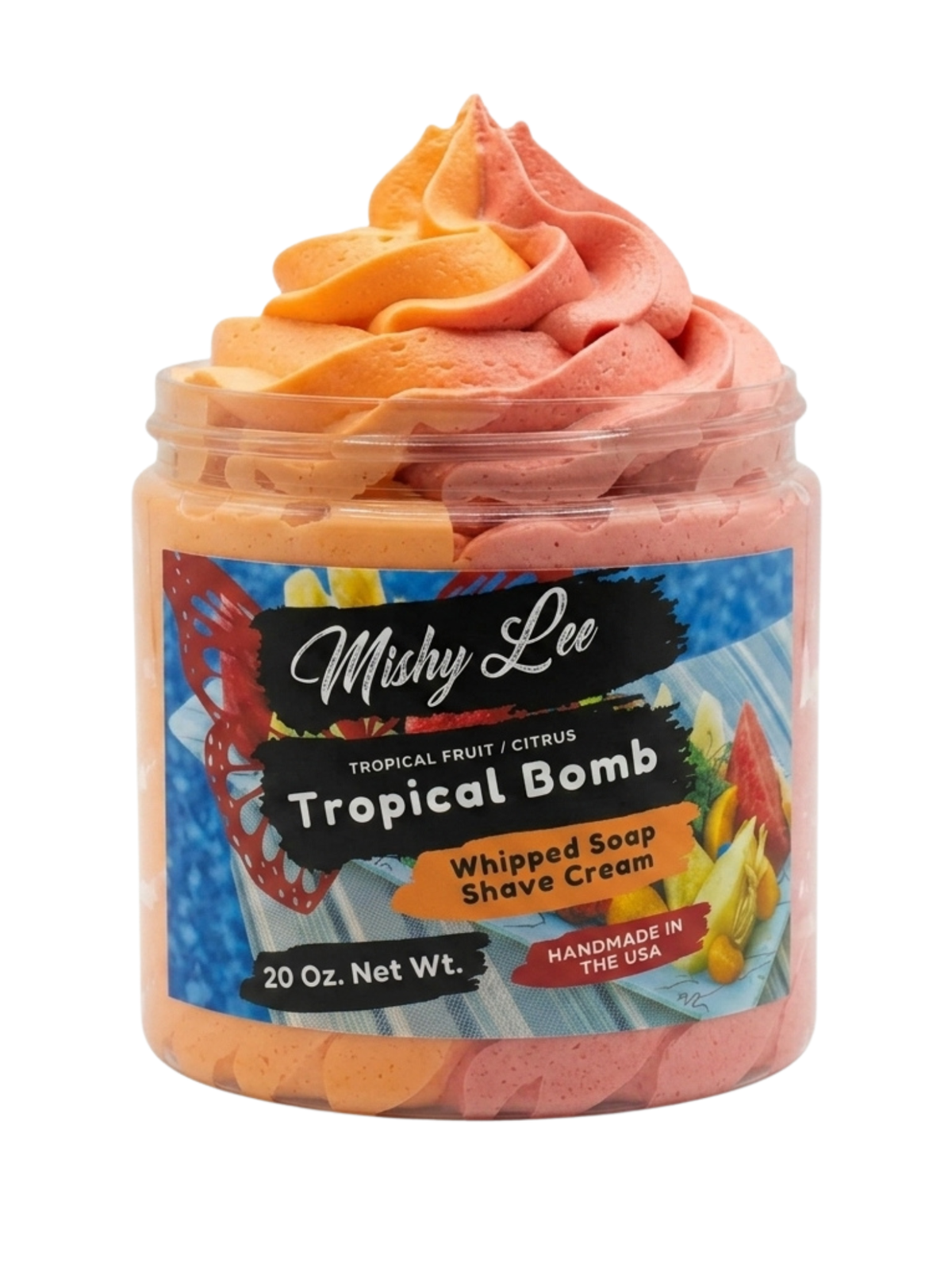 Whipped soap and shave cream jar with Tropical Bomb label and pink-orange whipped swirl