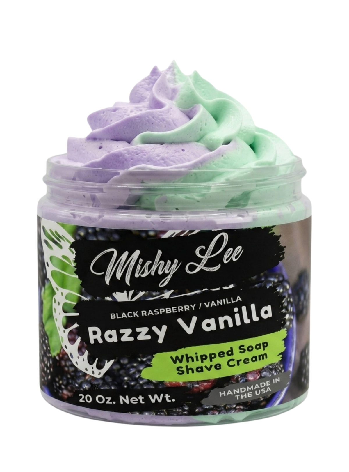 Whipped soap and shave cream jar labeled Razzy Vanilla with purple and mint swirl top
