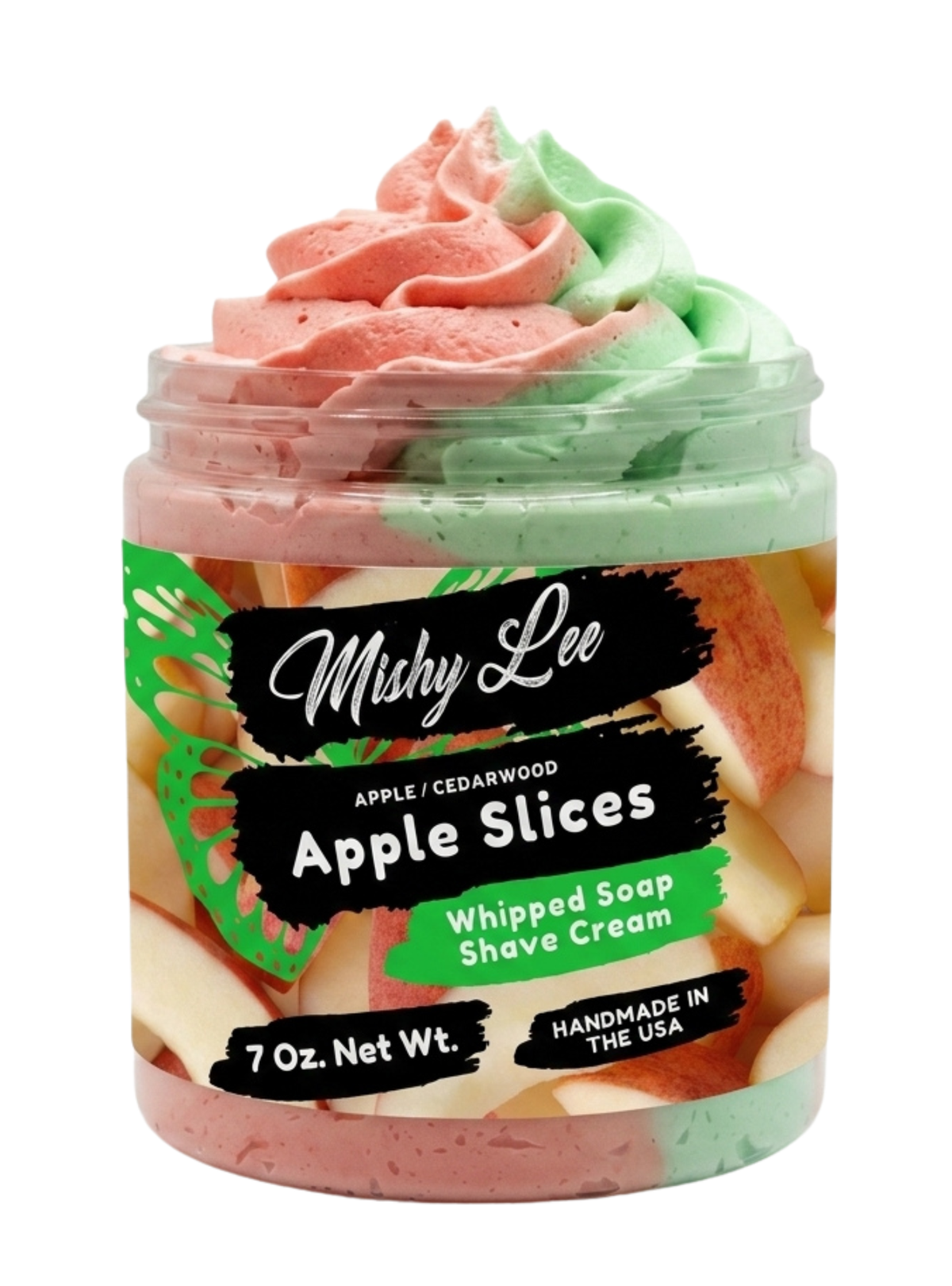 Whipped soap and shave cream jar with pink and green swirl topping, label front visible
