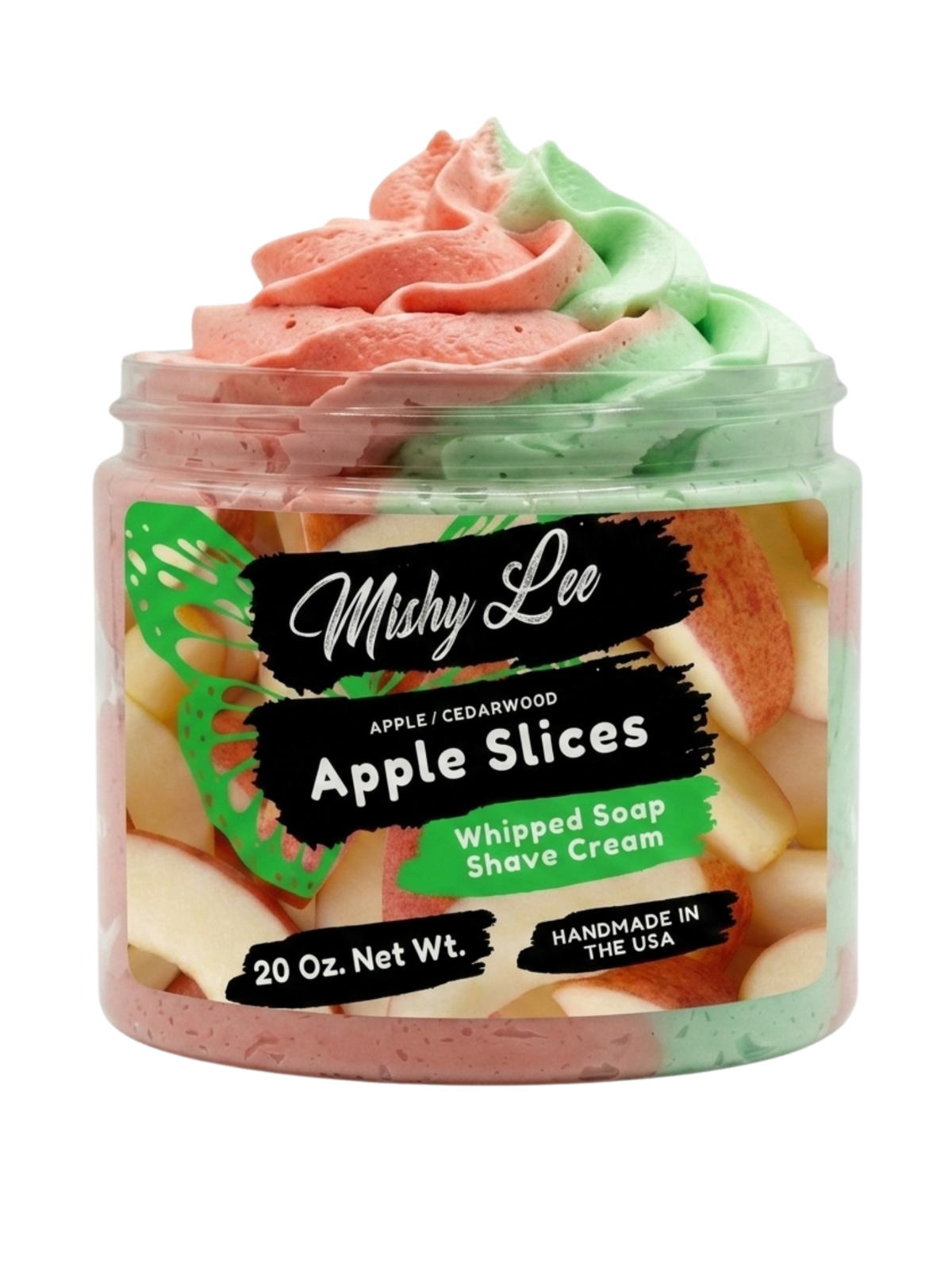 Whipped soap and shave cream jar with pink and green whipped swirls and apple label