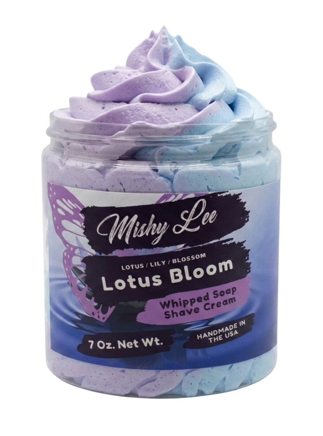 Whipped soap and shave cream jar with purple and blue swirled foam
