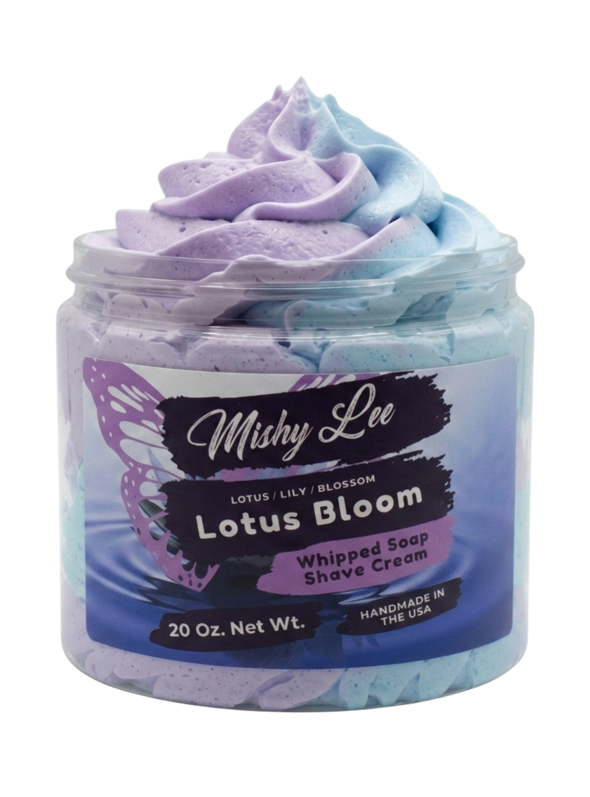 Lotus Bloom whipped soap and shave cream jar with purple and blue swirls, 20 oz