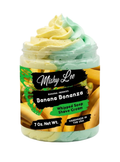 Whipped soap and shave cream jar with yellow and mint swirl and banana-themed label