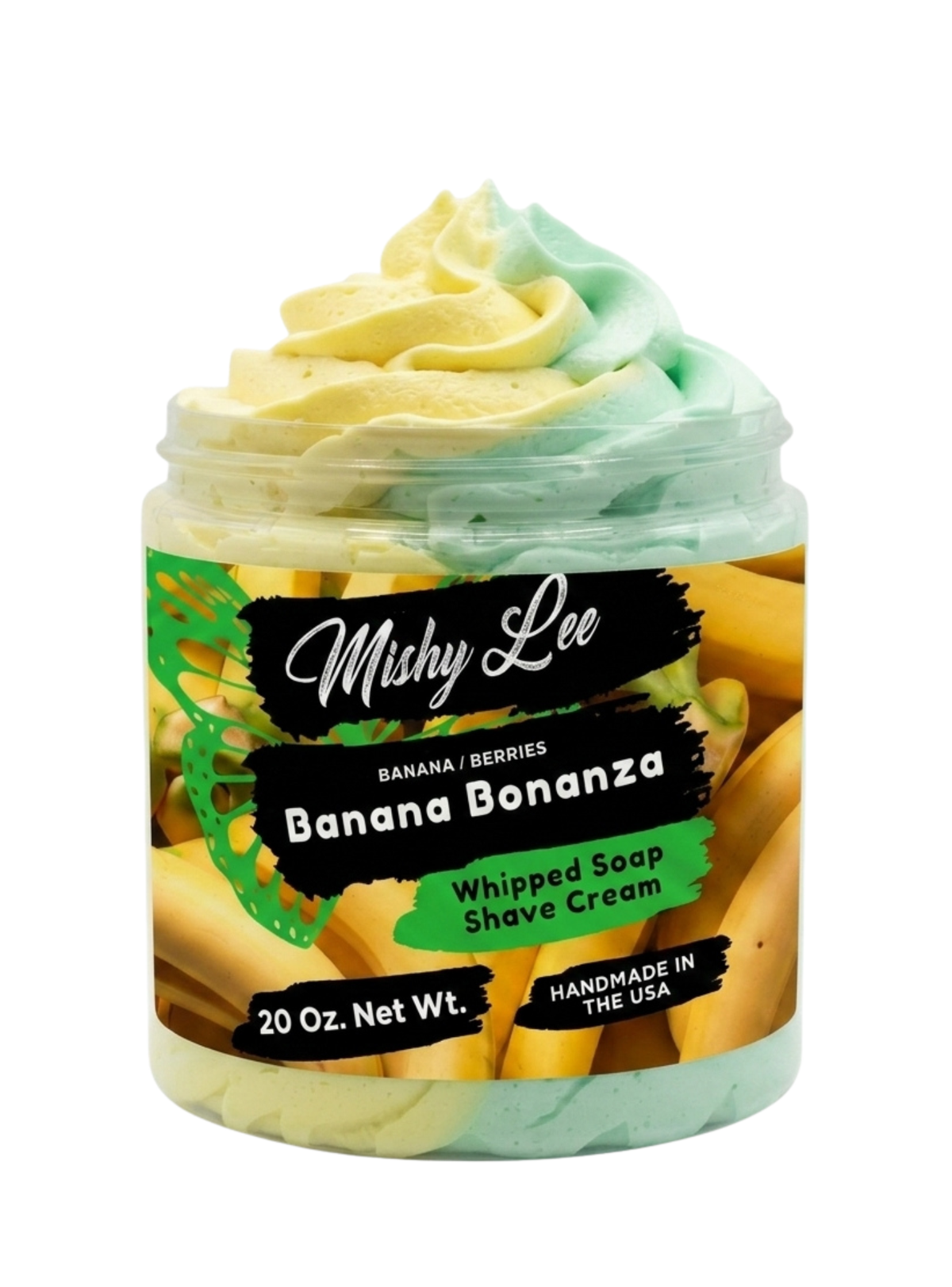 Whipped soap and shave cream jar with yellow and mint swirl; black label and lid