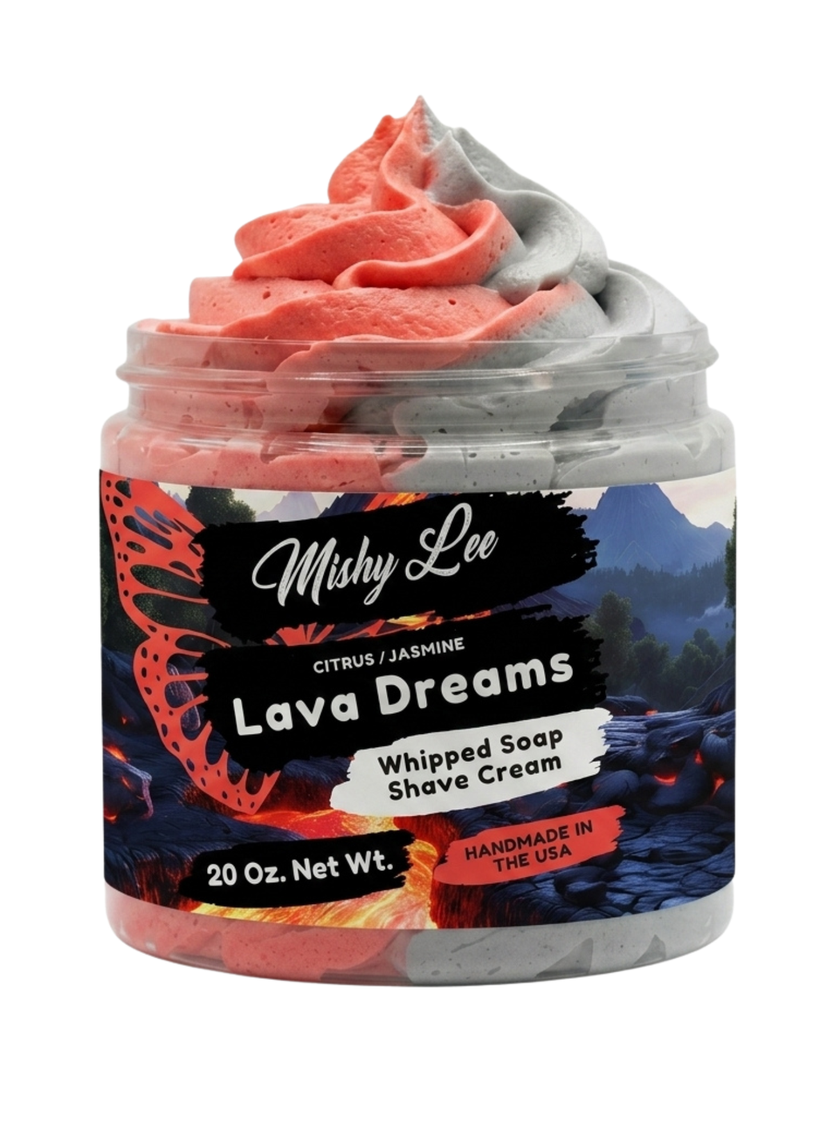Whipped soap and shave cream jar with red and gray swirl top, 20 oz net wt